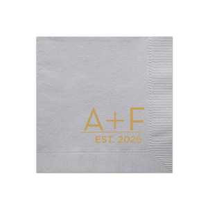 Embrace sleek sophistication with the Modern Initials Established Napkin design, showcasing bold initials aloft a significant date, marking the union's inception. Ideal for couples seeking a minimalist yet impactful emblem of their contemporary love story.