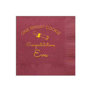 Our custom Merlot Cocktail Napkin with Matte Sunflower Foil has a Graduation Scroll graphic and is good for use in Graduation themed parties and can be customized to complement every last detail of your party.