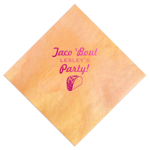 ForYourParty's elegant Watercolor Sunrise Cocktail Napkin with Shiny Fuchsia Foil has a Taco graphic and is good for use in Food themed parties and will make your guests swoon. Personalize your party's theme today.