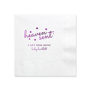 Celebrate the miracle of a new arrival with the Heaven Sent Napkin. This whimsical design features the tender phrase ‘heaven sent’ in a dreamy lower case script, adorned with stars as if floating in the sky. Perfect for baby showers or gender reveal parties, this napkin encapsulates the joy and wonder of welcoming a new life.