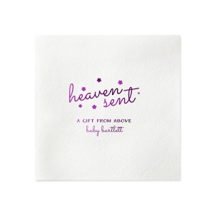Celebrate the miracle of a new arrival with the Heaven Sent Napkin. This whimsical design features the tender phrase ‘heaven sent’ in a dreamy lower case script, adorned with stars as if floating in the sky. Perfect for baby showers or gender reveal parties, this napkin encapsulates the joy and wonder of welcoming a new life.