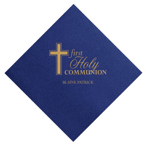 Celebrate faith with a touch of elegance. The Holy Communion Napkin design features a prominent cross, offering a timeless symbol of devotion and joy, ready to be personalized for your special occasion.