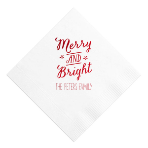 Bring holiday songs to your table with the Merry and Bright Holiday Napkin, where 'Merry and Bright' twirls in joyous script, accented by twinkling stars. This design echoes the melody of the season, adding a note of cheer to your festive gatherings.