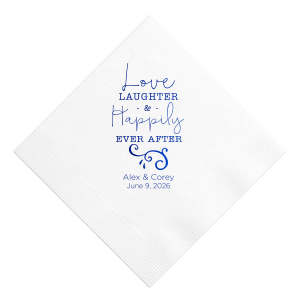 The Dynamic Stacked Love Laughter Wedding Napkin design exudes gaiety with its stacked "Love, Laughter & Happily Ever After" phrase in varied fonts, reminiscent of a melody. A large scrolling flourish with spark-like details adds dynamism. Below, the couple's names and date anchor this vibrant, joyous theme.