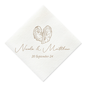 Savor the essence of romance with the Classic Italian Wedding Oyster Napkin. It features an artistically drawn shucked oyster, resembling a heart, symbolizing love and indulgence. Beneath this, the couple’s names in elegant script and the date add a touch of sophistication, perfectly capturing the spirit of a passionate celebration.