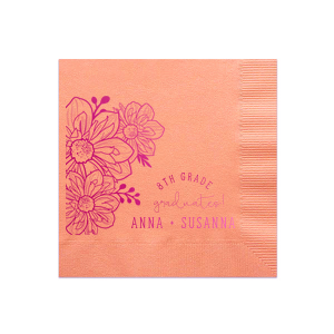 ForYourParty's personalized Light Coral Cocktail Napkin with Shiny Fuchsia Foil has a Flower Bunch graphic and is good for use in Full Bleed themed parties and are a must-have for your next event—whatever the celebration!