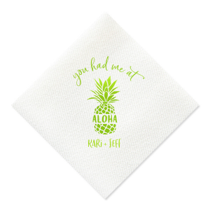 Capture the magic of love with the You had Me at Aloha Napkin. Featuring a charming pineapple graphic with "Aloha" banded across it, this design gives a playful twist to a classic romantic movie line. Perfect for couples who want to add a touch of Hawaiian charm to their special day.