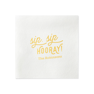 The Retro Sip Sip Napkin design combines whimsy with nostalgia. "sip sip" in an artistic, flourished script evokes a retro feel, while "HOORAY" in bold all-caps exudes celebratory enthusiasm. Below, the family name adds a personal touch to this charming and fun design.