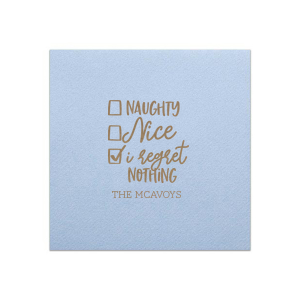 ForYourParty's personalized Convertible Red Cocktail Napkin with Shiny 18 Kt Gold Foil has a Naughty Nice graphic and is good for use in Christmas, Holiday, Words themed parties and will add that special attention to detail that cannot be overlooked.