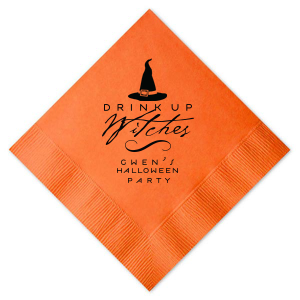 Ready to bewitch your guests? The Drink Up Witches Halloween Napkin is your spellbinding solution! With a bold black witch's hat perched over the dramatic “Drink Up Witches” in spooky, scrolling script, this napkin promises to turn any Halloween gathering into a wickedly good time!