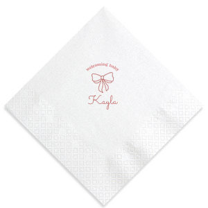 Celebrate your bundle of joy with the Baby Shower Bows Welcome Napkin, elegantly announcing 'Welcoming Baby' above a chic, minimal bow graphic. Personalize with your new arrival's name for a trendy touch at your baby shower or welcome home event.
