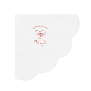 Celebrate your bundle of joy with the Baby Shower Bows Welcome Napkin, elegantly announcing 'Welcoming Baby' above a chic, minimal bow graphic. Personalize with your new arrival's name for a trendy touch at your baby shower or welcome home event.