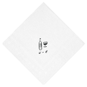 Infuse your celebration with the refined simplicity of the Vino Duo Sketch Napkin. This minimal yet trendy design features a hand-drawn wine glass and bottle, capturing the essence of a good time. Below, add a personalized touch with your initials in a handwritten-style font, perfect for toasting to love and life at a wedding, engagement party, or birthday gathering.