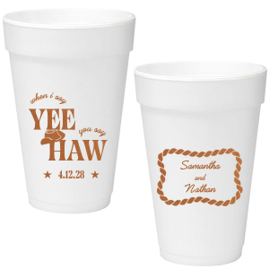 Have your next hoedown covered with the Yee Haw Cup from For Your Party! Customize the design with your choice of ink colors and cup styles to best match your event's vibes. Perfect for summertime cookouts, engagements of bachelor & bachelorette parties