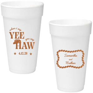 Have your next hoedown covered with the Yee Haw Cup from For Your Party! Customize the design with your choice of ink colors and cup styles to best match your event's vibes. Perfect for summertime cookouts, engagements of bachelor & bachelorette parties