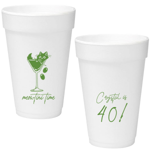 Toast to another fabulous year with the Meowtini Time Birthday Cup, showcasing a whimsical drawing of a cat cozily perched in a martini glass, olives playfully cascading over the rim. Personalize with your name and milestone age to the right of the glass in an elegant script font, inviting a celebratory sip with feline flair.