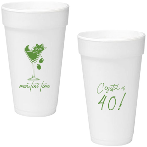 Toast to another fabulous year with the Meowtini Time Birthday Cup, showcasing a whimsical drawing of a cat cozily perched in a martini glass, olives playfully cascading over the rim. Personalize with your name and milestone age to the right of the glass in an elegant script font, inviting a celebratory sip with feline flair.