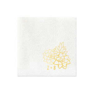 Personalized Powder Blue Linen Like Cocktail Napkin with Shiny 18 Kt Gold Foil has a Succulent Trio graphic and is good for use in Floral, Southwestern and Trendy themed parties and can be personalized to match your party's exact theme and tempo.