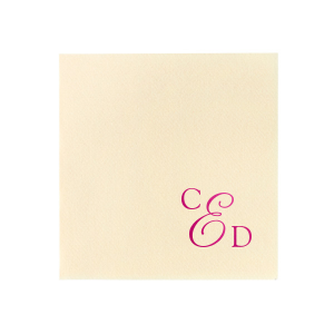 The Elegant Artistic Initials Statement Napkin features a stylishly angled monogram, combining understated block letters for the first and last initials with a strikingly large, swirling script for the middle initial. This design artfully emphasizes the last name, creating a sophisticated and memorable statement.