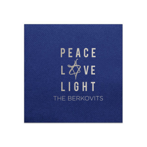 Our custom Navy Linen Like Dinner Napkin with Shiny Sterling Silver Imprint Foil Color has a Painted Star graphic and is good for use in Jewish Holiday themed parties and can be customized to complement every last detail of your party.