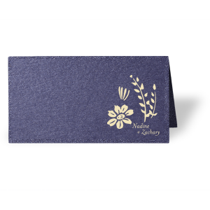 Personalized Natural Gray Classic Place Card with Shiny Royal Blue Foil has a Garden Flower Accent graphic and is good for use in Floral, Accents and wedding themed parties and will give your party the personalized touch every host desires.