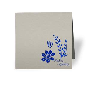 Personalized Natural Gray Classic Place Card with Shiny Royal Blue Foil has a Garden Flower Accent graphic and is good for use in Floral, Accents and wedding themed parties and will give your party the personalized touch every host desires.