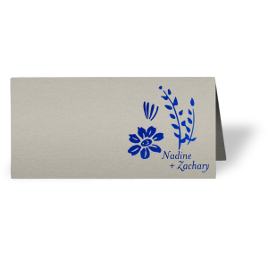 Personalized Natural Gray Classic Place Card with Shiny Royal Blue Foil has a Garden Flower Accent graphic and is good for use in Floral, Accents and wedding themed parties and will give your party the personalized touch every host desires.