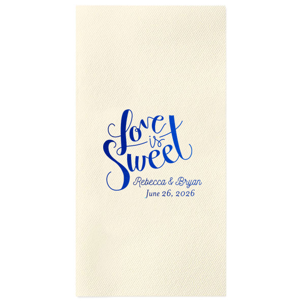 Offer a refined touch to your wedding amenities with the Love is Sweet Guest Towel, where 'Love is Sweet' unfurls in bold, swirling elegance. Below, the newlyweds' names and date serve as a tender reminder of their sweet union, gracing your event with a flourish of affection.