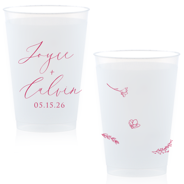 Sip in style with the Botanical Breeze Cup, blending elegance and whimsy. One side features the couple's names in prominent modern script, with the event date below. The other side delights with four playful, doodle-like botanical drawings, adding a light-hearted, charming touch to any celebration.