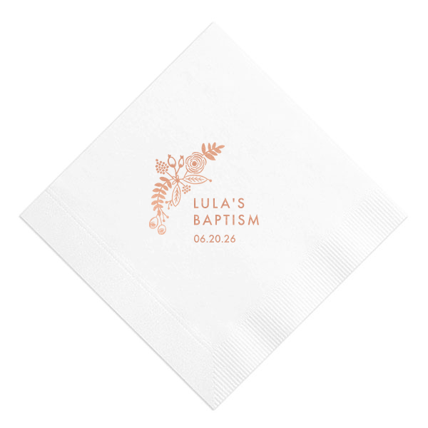 Celebrate with the Floral Bough Baptism Napkin, where beauty and grace intertwine. A lush bough of flowers and foliage arches diagonally, elegantly framing the baptismal announcement. Perfect for adding a touch of natural splendor to this sacred moment.