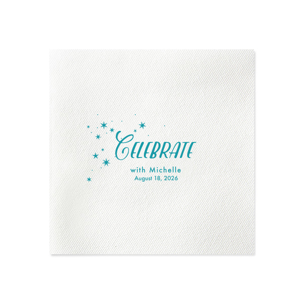 Ignite the party with the Twinkling Stars Celebrate Napkin! A dazzling burst of stars floats in the air, emphasizing the jubilant "Celebrate". Like fireworks in the night sky, this design captures the essence of pure festivity.