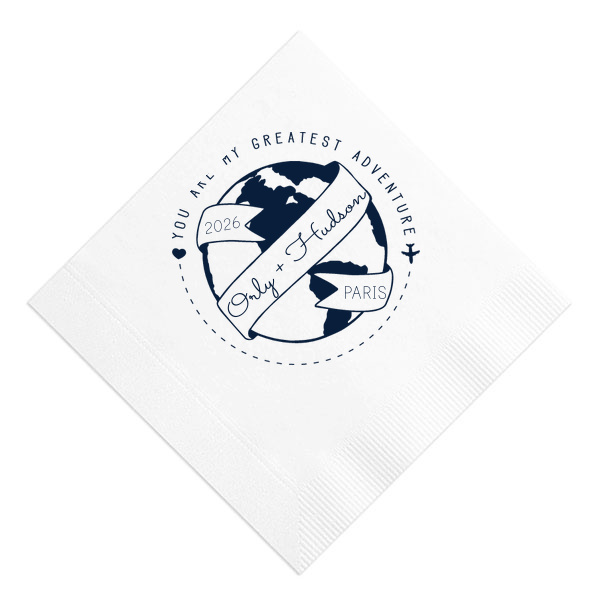 ForYourParty's chic RECYCLED Sky Blue Cocktail Napkin with Matte Navy Foil has a World Badge graphic and is good for use in Wedding, Baby Shower, Travel themed parties and will impress guests like no other. Make this party unforgettable.