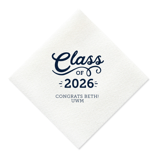The Swirly Class of Graduation Name Napkin design exudes celebratory energy. A playful, swirling script for "Class" and an expansive flourish underneath capture the joy of graduation. Congratulatory wishes and school initials below, accented with light beams, amplify this napkin's vibrant and spirited design.