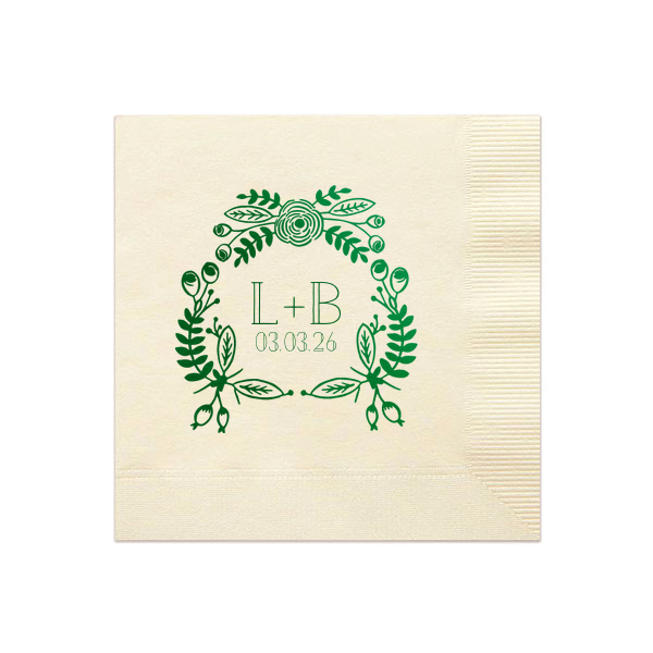Add a touch of nature’s charm to your special day with the Beautiful Bouquet Wedding Napkin. This hand-drawn floral frame, lush with greenery, beautifully encircles the couple’s initials and event date. Bountiful and beautiful, it’s a celebration of love in full bloom.
