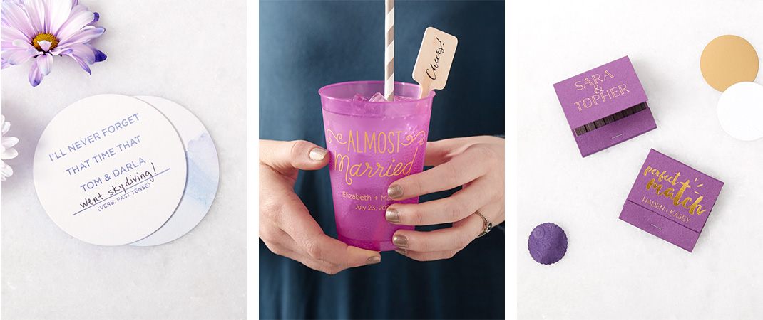 purple themed plastic cups, coasters and matches