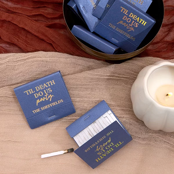 Matchbooks with text "til death do us party"