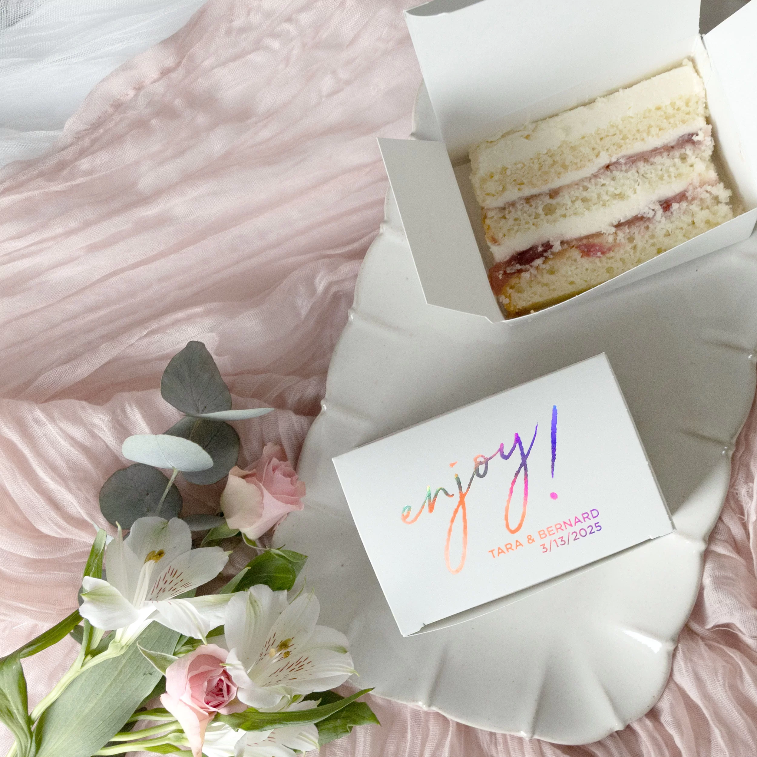 Wedding cake favor box with holographic printed text
