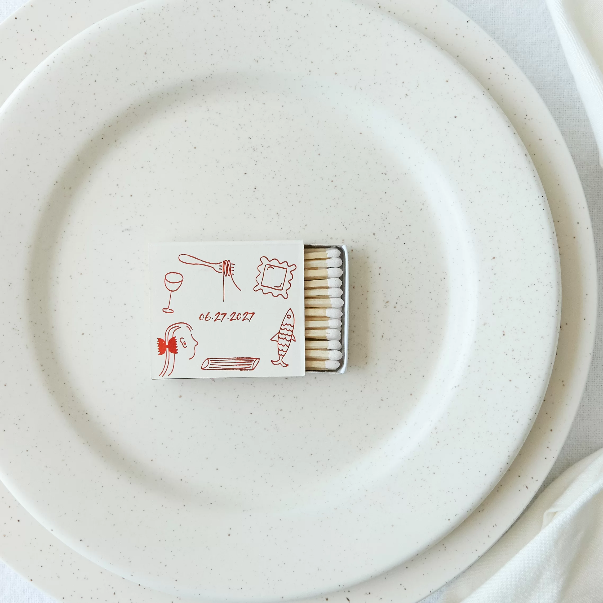 Custom matches printed with a date and pasta art