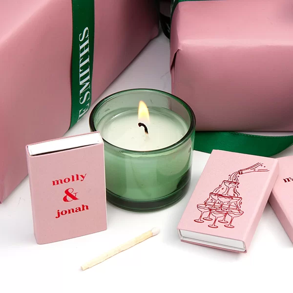 Personalized matchboxes with a Champagne tower