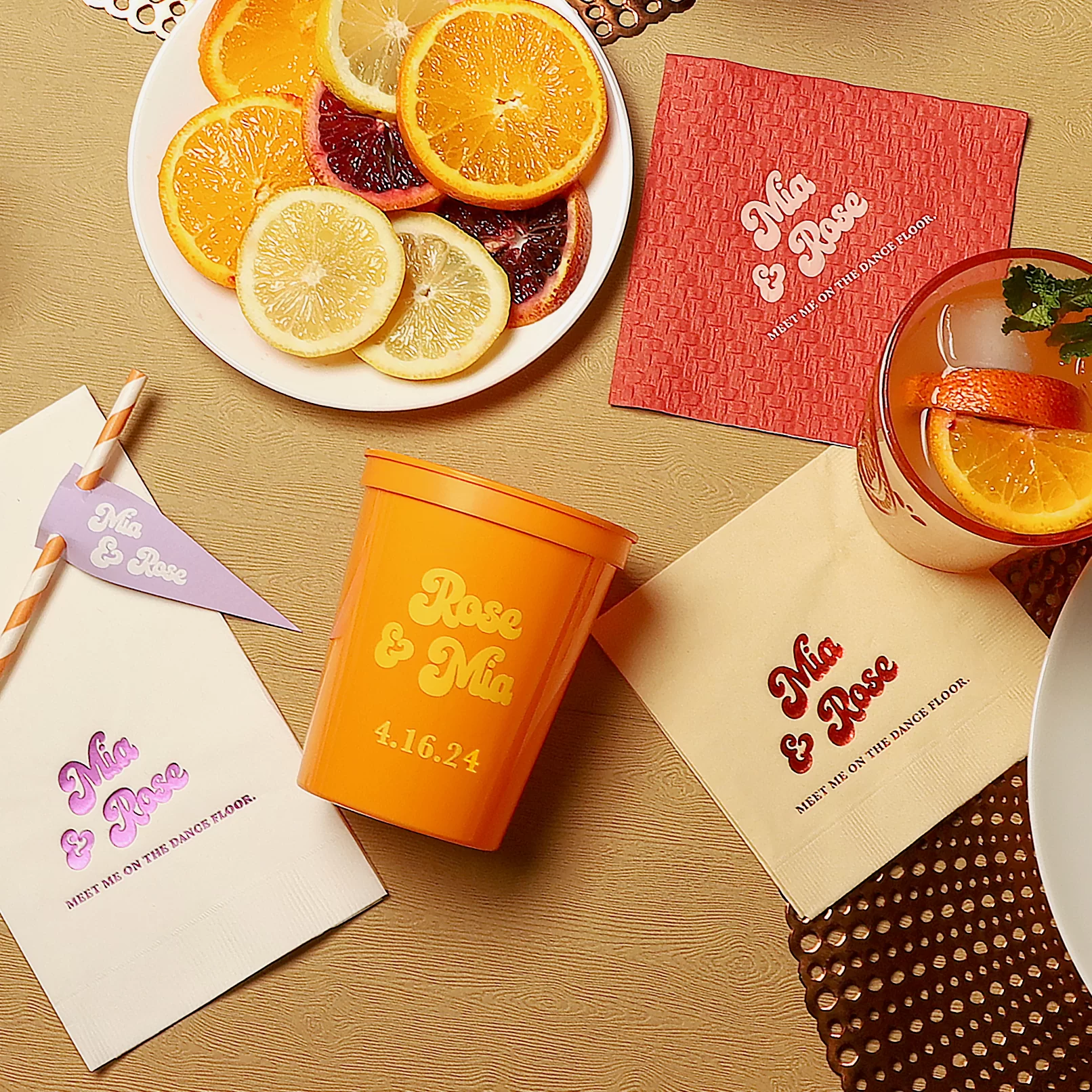 3 ply, woven, stadium cup, guest towel, straw tag, cocktail napkin, meet me on the dance floor, names