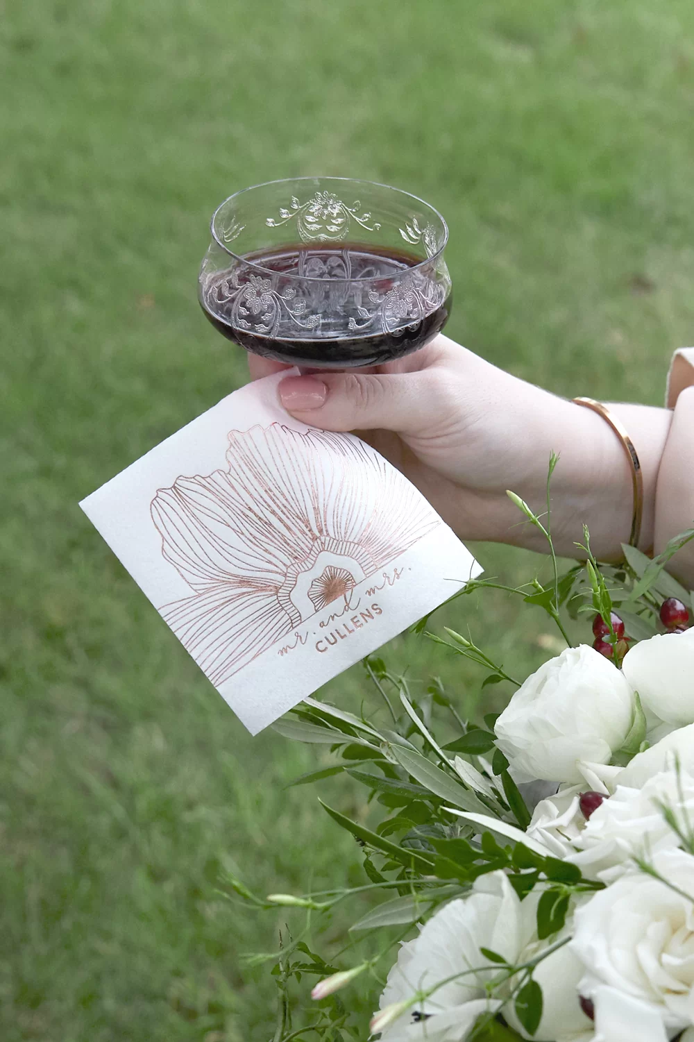 personalized floral statement cocktail napkin for romantic fall wedding