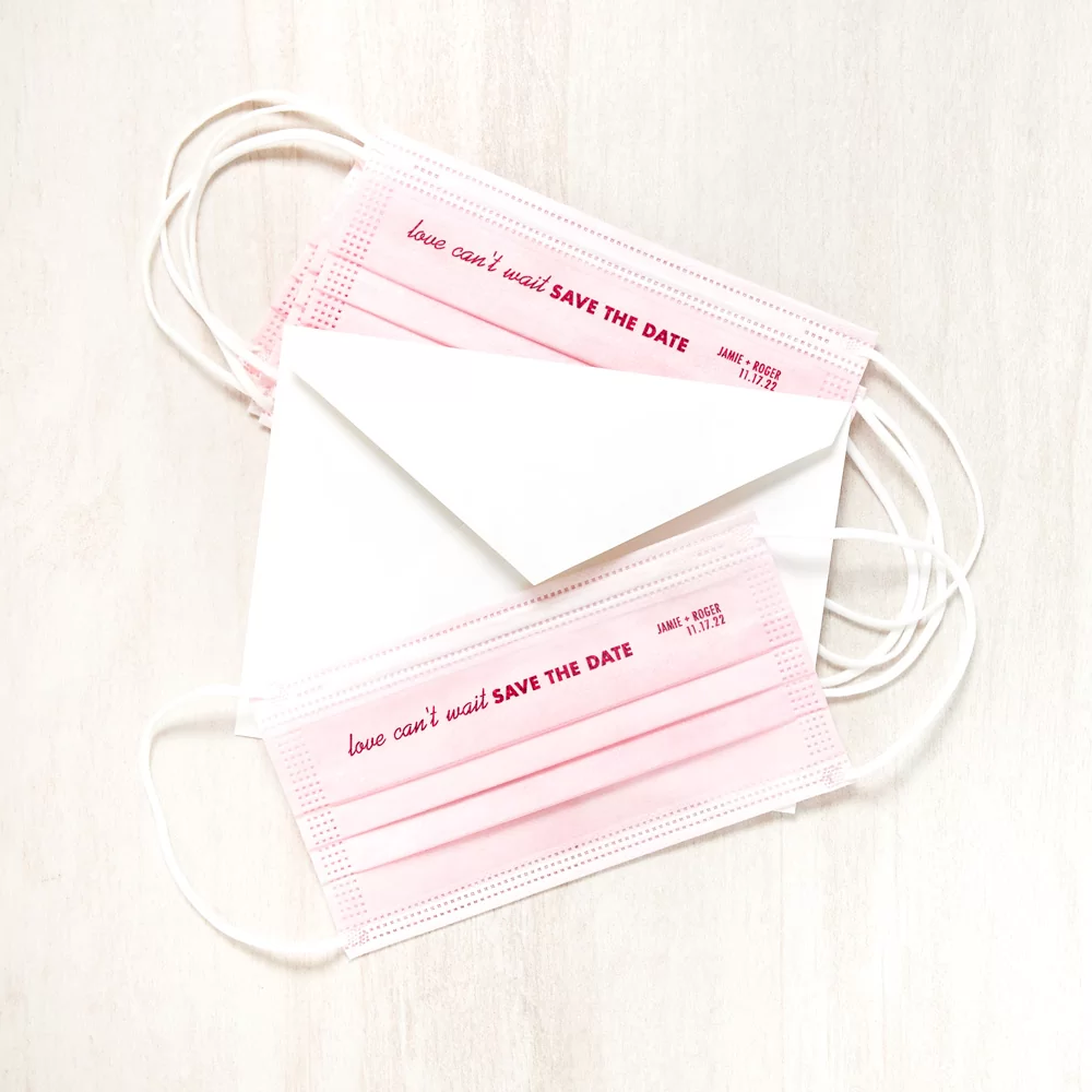 Custom face masks from For Your Party make a clever and memorable save the date