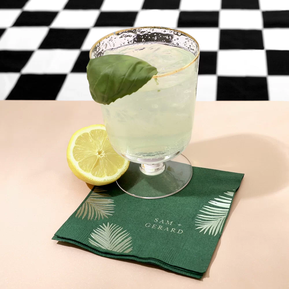 gin basil cocktail recipe with customized napkin