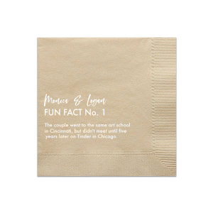 Delight guests with the Modern Fun Fact Napkin featuring the couple's names in sleek script above customizable tidbits. Whether sharing multiple facts or a series narrative, these napkins add interactive charm to your tablescape, sparking lively conversation.