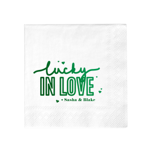 ForYourParty's chic Honeydew Cocktail Napkin with Shiny Leaf Foil has a Confetti Heart Lucky In Love graphic and is good for use in Wedding, Bridal Shower, and Engagement themed parties and can be customized to complement every last detail of your party.