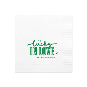 ForYourParty's chic Honeydew Cocktail Napkin with Shiny Leaf Foil has a Confetti Heart Lucky In Love graphic and is good for use in Wedding, Bridal Shower, and Engagement themed parties and can be customized to complement every last detail of your party.