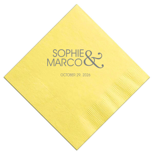 The Ampersand Together Napkin showcases a bold, artistic ampersand, symbolizing unity. The couple's names in striking all-caps sit beside it, emphasizing togetherness. Below, the celebration date in smaller print adds a subtle detail, perfect for couples who embody strength and partnership in their union.