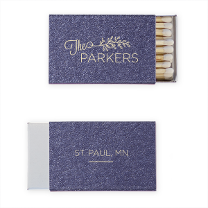 The Vine Branch Wedding Match features elegant script lettering of your last name with a delicate botanical accent, and a meaningful place detail on the reverse. Add it to your celebration to create a hometown-inspired keepsake guests will love. Just right for wedding receptions or destination-inspired events!