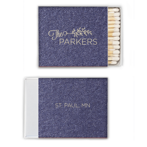 The Vine Branch Wedding Match features elegant script lettering of your last name with a delicate botanical accent, and a meaningful place detail on the reverse. Add it to your celebration to create a hometown-inspired keepsake guests will love. Just right for wedding receptions or destination-inspired events!