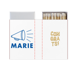 Our custom White Classic Custom Photo Matchbox with Matte Royal Blue Ink Digital Print Colors has a Megaphone graphic and is good for use in Kid Birthday, Graduation, Sports themed parties and will give your party the personalized touch every host desires.